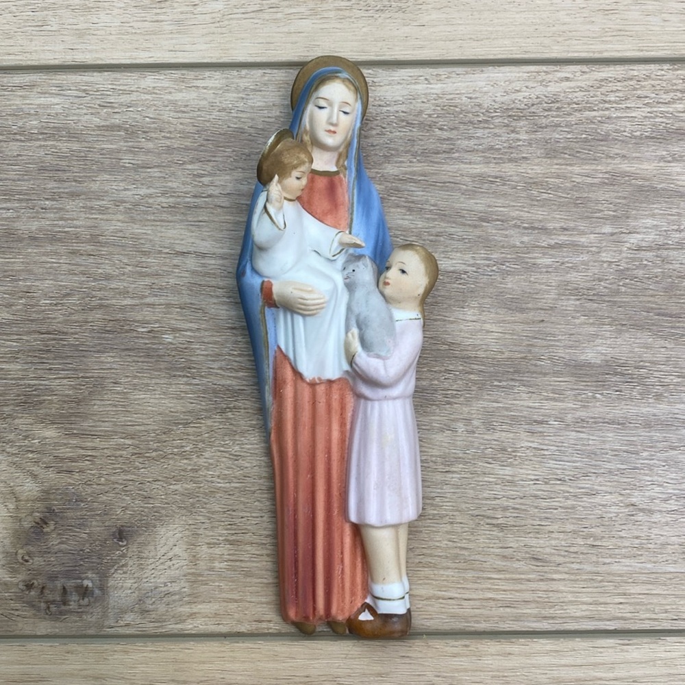 Vintage Baby Jesus & Cat Porcelain Wall Plaque Cute Kitsche Religious Art